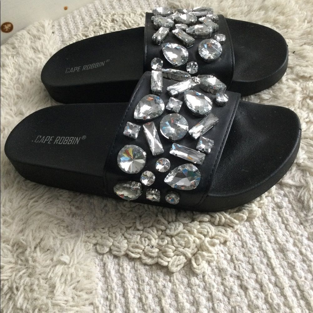 Cape Robbin Black and Silver Embellished Slippers